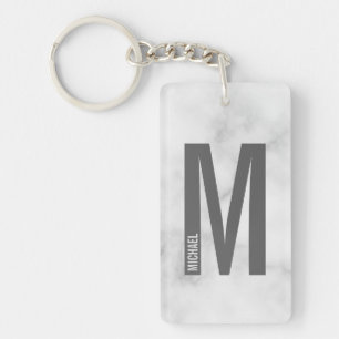White Marble Personalized Monogram and Name Key Ring