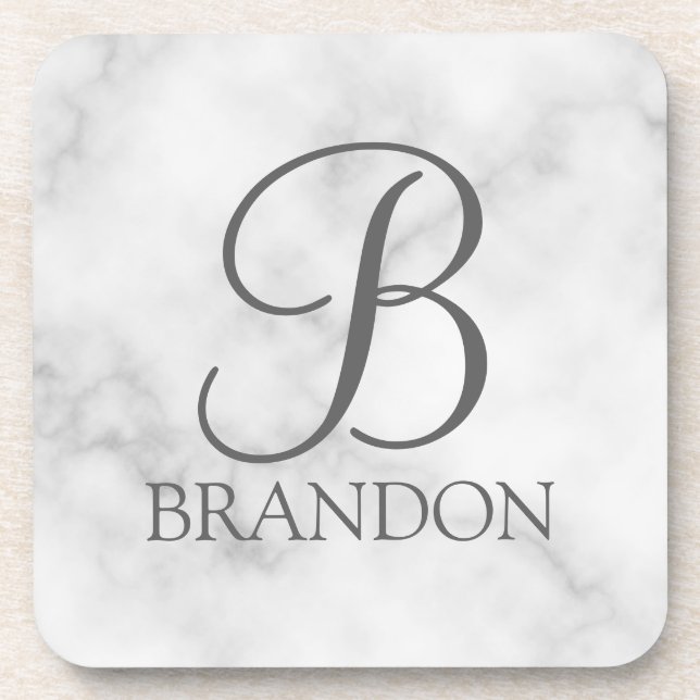 White Marble Personalized Script Monogram and Name Coaster (Front)