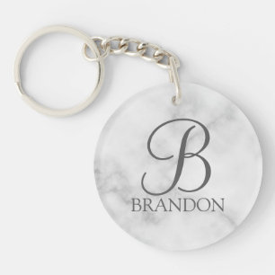 White Marble Personalized Script Monogram and Name Key Ring