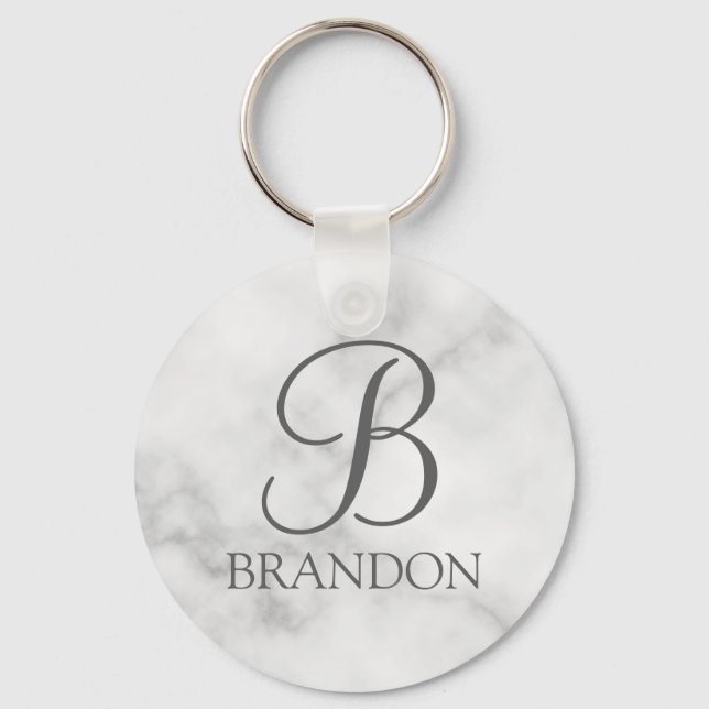 White Marble Personalized Script Monogram and Name Key Ring (Front)