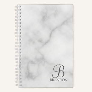 White Marble Personalized Script Monogram and Name Notebook