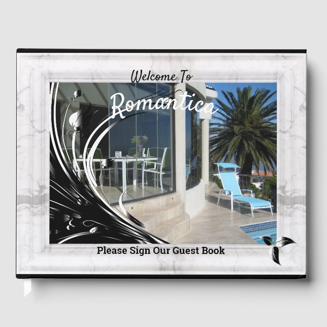 White Marble Photo Frame on Black Guest Book (Front)