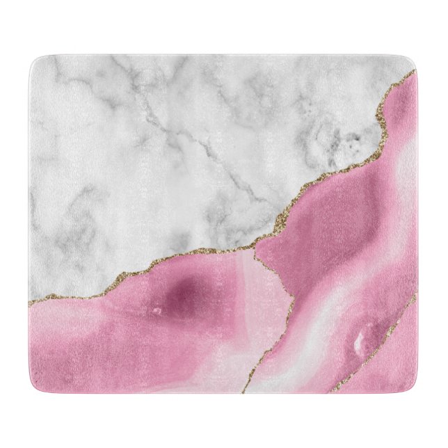 White Marble Pink Agate Gold Glitter Cutting Board (Front)