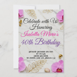 White Marble & Pink Orchid Birthday Invitation