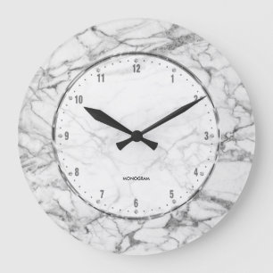 White Marble Print With Grey Crackles Large Clock