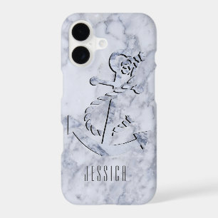 White Marble Print With NauticalBoat Anchor