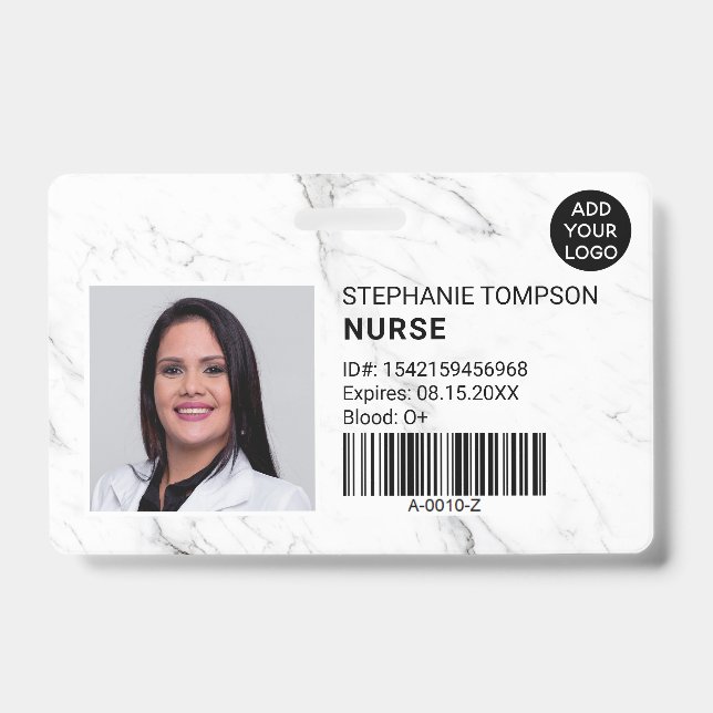 White marble professional nurse photo logo code ID badge (Front)