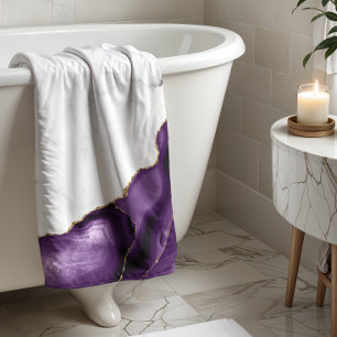 White Marble Purple Agate Gold Glitter Bath Towel