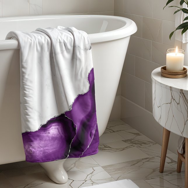 White Marble Purple Agate Silver Glitter Bath Towel (Creator Uploaded)