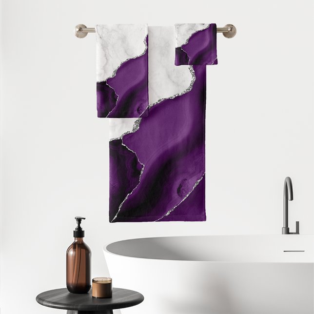 White Marble Purple Agate Silver Glitter Bath Towel Set (Creator Uploaded)