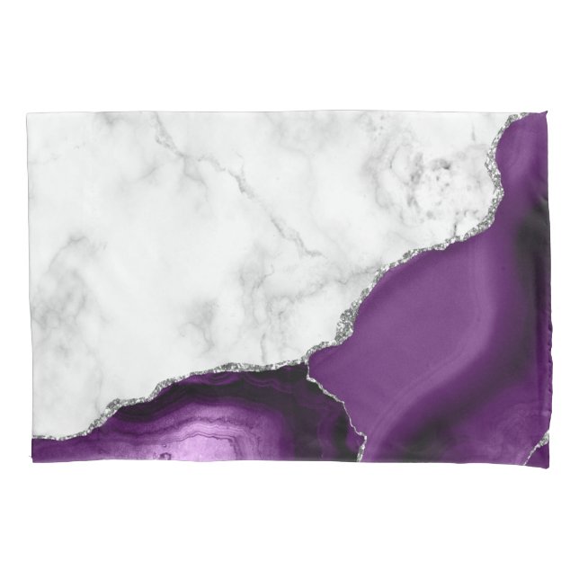 White Marble Purple Agate Silver Glitter Pillowcase (Front)