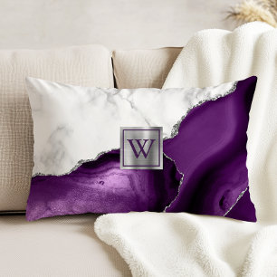 White Marble Purple Agate Silver Monogram Decorative Cushion
