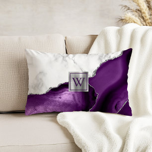 White Marble Purple Agate Silver Monogram Decorative Cushion