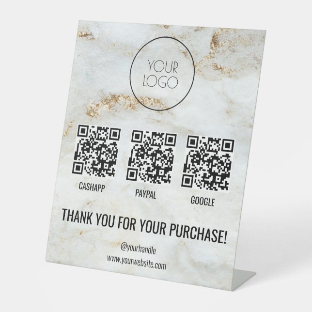White Marble QR Code Scan to Pay Salon Logo Pedestal Sign (Front)