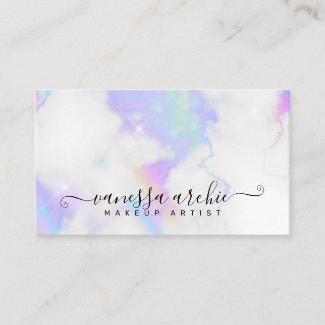 White Marble Rainbow Holographic Beauty Service  Business Card (Front)