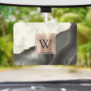 White Marble Rose Gold Black Agate Monogram Car Air Freshener