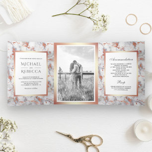 White Marble Rose Gold Foil Photo Wedding Tri-Fold Invitation