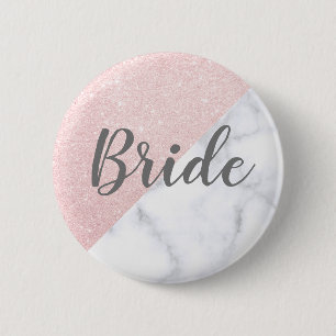 White marble & rose gold glitter bride 6 cm round badge