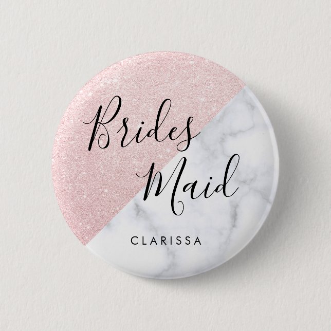 White marble & rose gold glitter bridesmaid 6 cm round badge (Front)