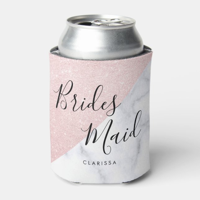 White marble & rose gold glitter bridesmaid can cooler (Can Front)
