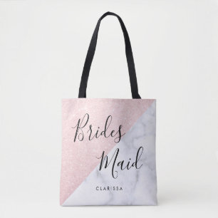 White marble & rose gold glitter bridesmaid tote bag