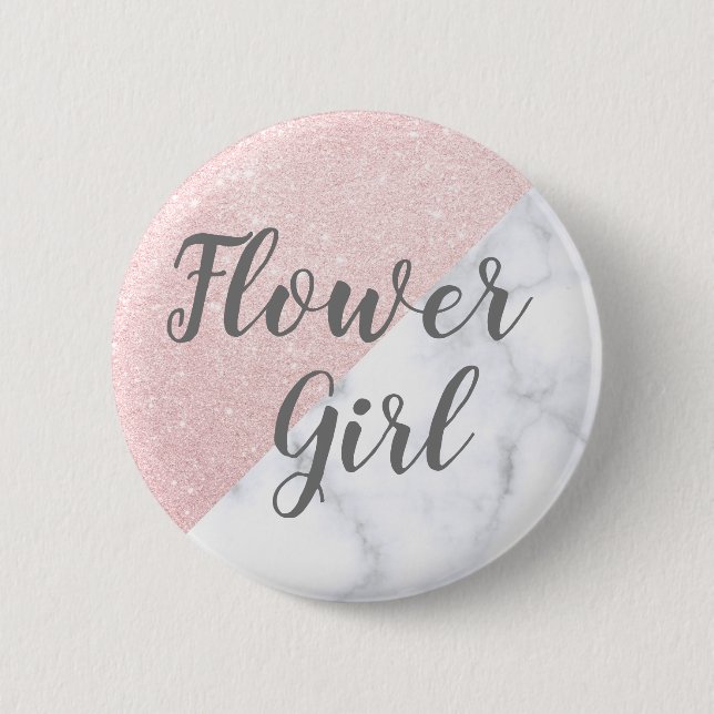 White marble & rose gold glitter flower girl 6 cm round badge (Front)