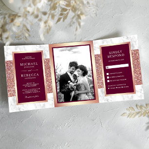 White Marble Rose Gold Glitter Magenta Wedding Tri-Fold Invitation