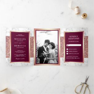 White Marble Rose Gold Glitter Magenta Wedding Tri-Fold Invitation