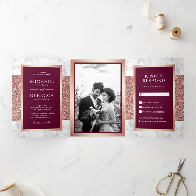 White Marble Rose Gold Glitter Magenta Wedding Tri-Fold Invitation (Inside)