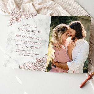 White Marble Rose Gold Lace Photo QR Code Wedding Invitation