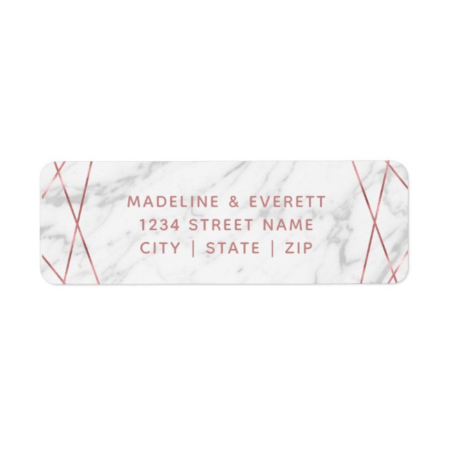 White Marble Rose Gold Line Wedding Return Address Label (Front)