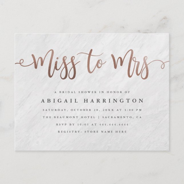 White Marble & Rose Gold Miss to Mrs Bridal Shower Invitation Postcard (Front)