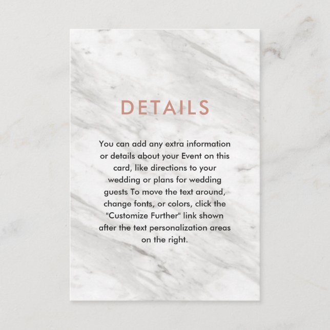 White Marble & Rose Gold Modern Wedding Details Enclosure Card (Front)