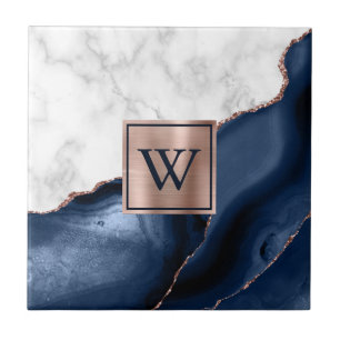 White Marble Rose Gold Navy Blue Agate Monogram Ceramic Tile