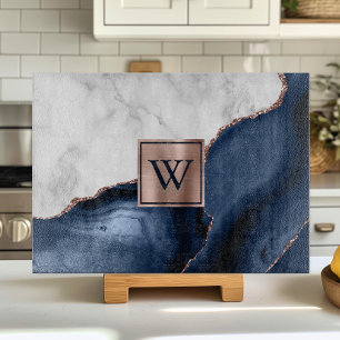 White Marble Rose Gold Navy Blue Agate Monogram Cutting Board