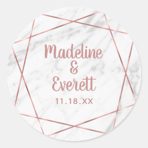 White Marble Rose Gold Triangle Monogram Wedding Classic Round Sticker