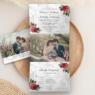 White Marble Rustic Pink Hydrangea Floral Wedding Tri-Fold Invitation