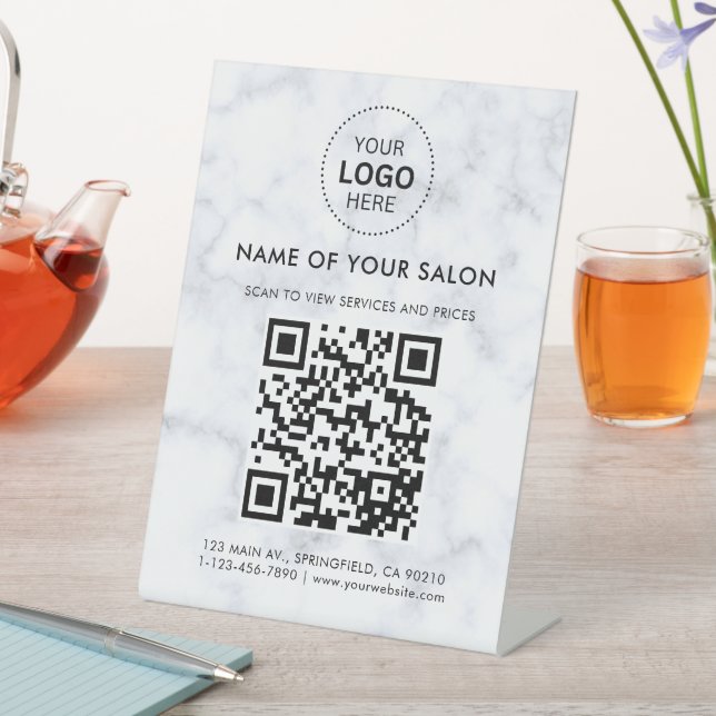 White Marble Salon Business QR Code and Logo Pedestal Sign (In SItu)