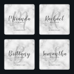 White Marble Script Personalised Bridesmaids Coaster Set<br><div class="desc">Add a personal touch to your wedding with personalised bridesmaids gift. This coaster features personalised bridesmaid's name in grey modern script font style and monogram in light grey modern script font style as background with title and wedding date in grey modern sans serif font style on white marble background. Also...</div>