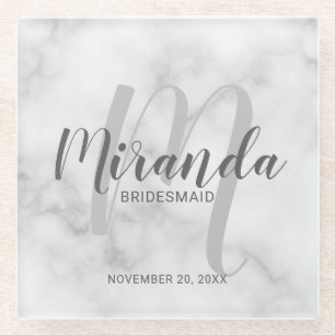 White Marble Script Personalised Bridesmaids Glass Coaster