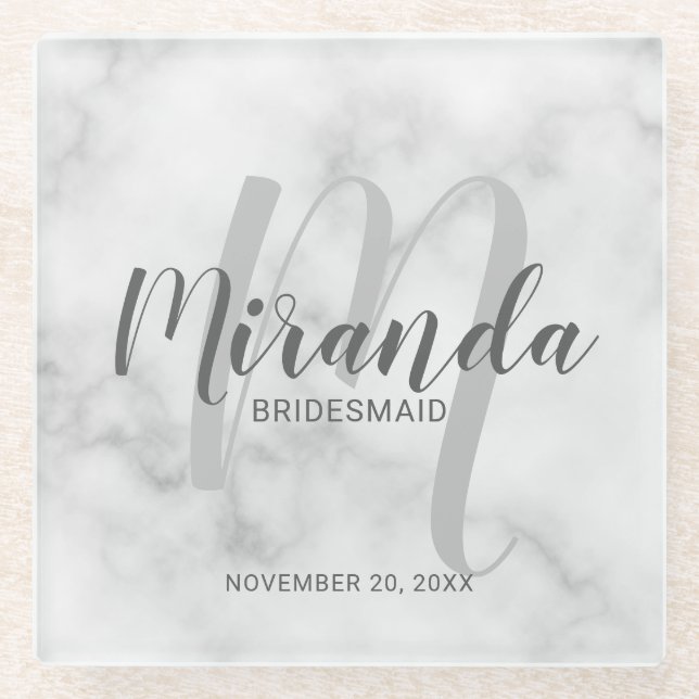 White Marble Script Personalised Bridesmaids Glass Coaster (Front)