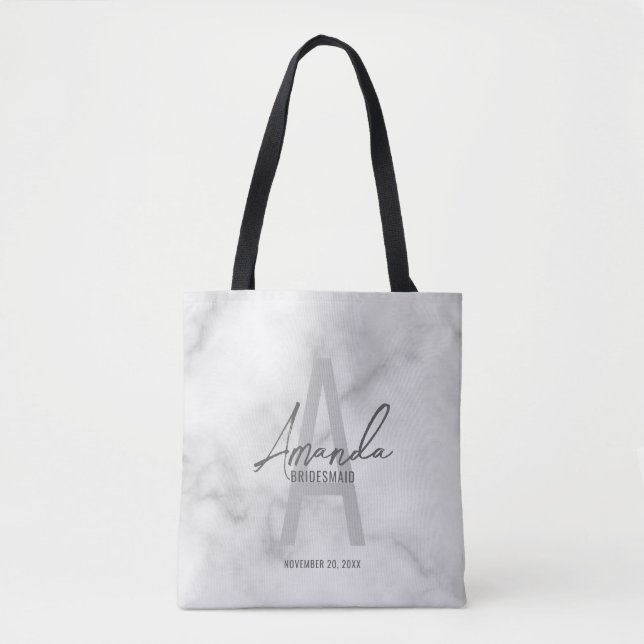 White Marble Script Personalised Bridesmaid's Name Tote Bag (Front)