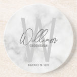 White Marble Script Personalised Groomsman's Name Coaster<br><div class="desc">Modern Minimalist Personalised Monogram and Name Gifts This design features personalised groomsman's name in grey modern handwriting script font style and monogram in light grey modern sans serif font style as background, with wedding details in grey modern sans serif font style, on white marble background. Also perfect for best man,...</div>