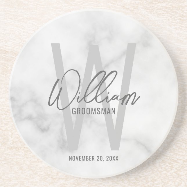 White Marble Script Personalised Groomsman's Name Coaster (Front)