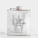 White Marble Script Personalised Groomsman's Name Hip Flask<br><div class="desc">Modern Minimalist Personalised Monogram and Name Gifts This design features personalised groomsman's name in grey modern handwriting script font style and monogram in light grey modern sans serif font style as background, with wedding details in grey modern sans serif font style, on white marble background. Also perfect for best man...</div>