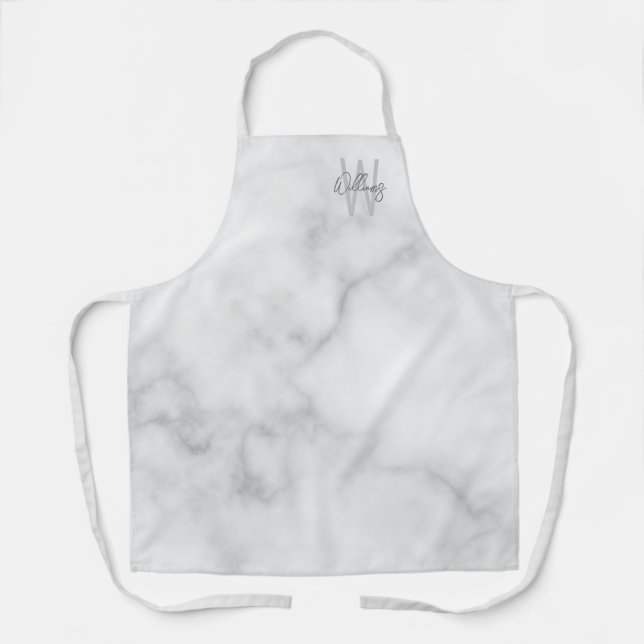 White Marble Script Personalised Monogram and Name Apron (Front)