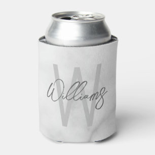 White Marble Script Personalised Monogram and Name Can Cooler