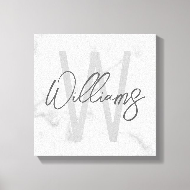 White Marble Script Personalised Monogram and Name Canvas Print (Front)