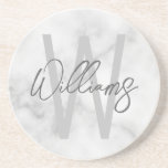 White Marble Script Personalised Monogram and Name Coaster<br><div class="desc">Modern Minimalist Personalised Monogram and Name Gifts This design features personalised name in grey modern handwriting script font style and monogram in light grey modern sans serif font style as background, on white marble background. Perfect as holiday gifts for him, father's day gifts, thank you gifts for groomsmen and gifts...</div>