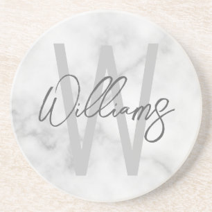 White Marble Script Personalised Monogram and Name Coaster